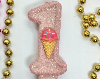 Ice Cream Cone Birthday Candle, Summer Party Decor, Kids Sparkly Number Cake Topper, Glitter Keepsake Candle, Girls Sweets Party Supplies