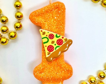 Pizza Birthday Candle, Orange Party Decor, Custom Kids Pizza Party, Sparkly Number Cake Topper, One Keepsake Candle, Girls Party Supplies