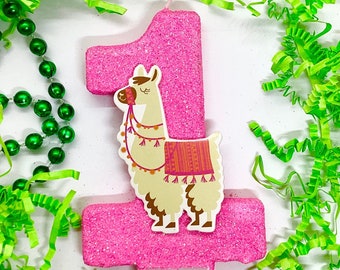 Grote lama verjaardagskaars, Alpaca Pink Party Decor, 1e verjaardag Party Decor, Sparkly Number Cake Topper, Keepsake Candle, Party Supplies