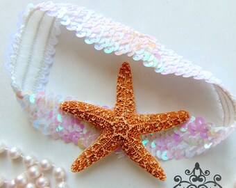 Starfish Headband, Under The Sea, White Starfish Headband, Mermaid Birthday, Costume Hair Piece, Little Girls Accessory, Sequin Hair Band