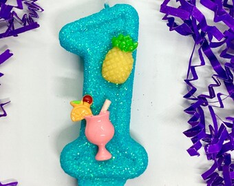 Tropical Birthday Candle, Luau Party Decor, Hawaiian Party Decor, Hawaii Theme, Girls Sparkly Number Cake Topper, Keepsake Candle Supplies