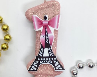 Eiffel Tower Birthday Candle, Paris Theme Glitter Candle, France Party Decor, Sparkly Number Cake Topper, Kids Keepsake Candle, Party Supply