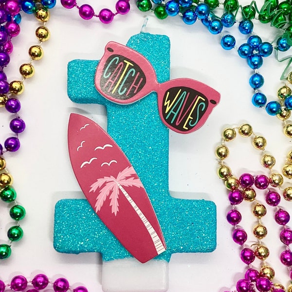 Surfboard Birthday Candle, Girls Surfer Theme, Kids Hawaiian Candle, Large Sparkly Number Cake Topper, Keepsake Candle, Surf Party Supplies