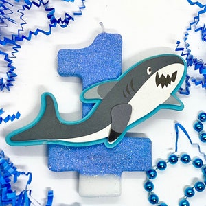 Shark Birthday Candle, Kids Ocean Party Decor, Boys Birthday, Sparkly Number Cake Topper, Keepsake Candle, Childrens Party Supplies, Large