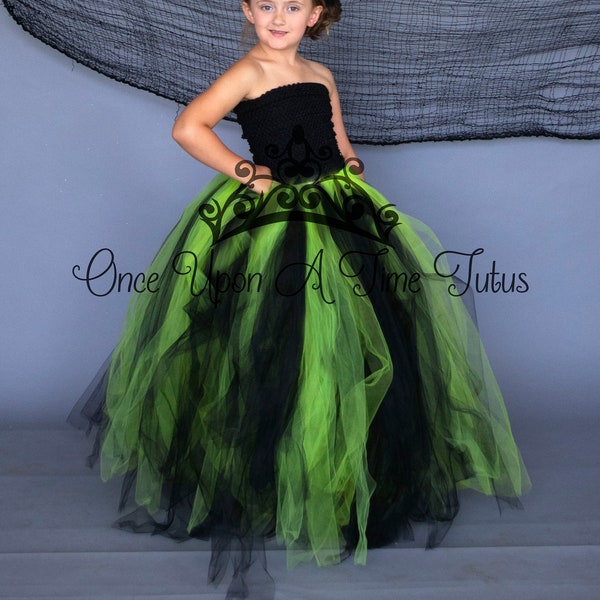 Witch Tutu Dress, Witch Halloween Costume, Girls Witch Dress, Floor Length, Long Tulle Gown, Scary Monster Costume, Green Black Tutu Dress