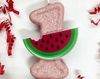 Watermelon Birthday Candle, Pink Melon Fruit Party Decor, Girls Glitter Candle, Sparkly Number Cake Topper, Keepsake Candle, Party Supplies