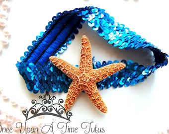 Starfish Headband, Under The Sea, Blue Starfish Headband, Mermaid Birthday, Costume Hair Piece, Little Girls Accessory, Sequin Hair Band