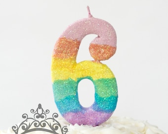 Large Pastel Rainbow Birthday Candle, Rainbow Party Decor, Rainbow Party Decor, Sparkly Number Cake Topper, Keepsake Candle, Party Supplies