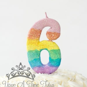 Large Pastel Rainbow Birthday Candle, Rainbow Party Decor, Girls Sparkly Number Cake Topper, Keepsake Candle, Kids Party Supplies, Childrens