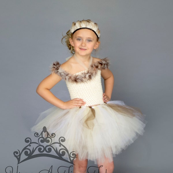 Owl Costume, Ivory Brown Feather Dress, Halloween Costume, Kids Costume, Baby Girl Tutu Dress, Toddler Costume, Roadrunner, Feather Wings