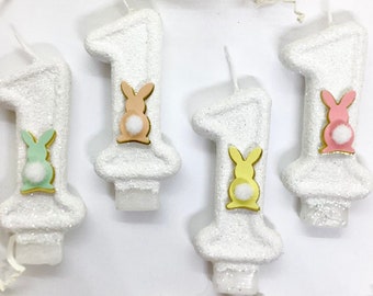 Bunny Birthday Candle, Easter Theme, Spring Party, Girls Party Decor, One, Sparkly Number Cake Topper, Keepsake Candle, Kids Party Supplies
