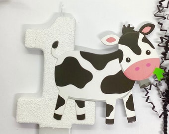 Cow Birthday Candle, Farm Animal Party Decor, One Glitter Candle, Kids Sparkly Number Cake Topper, Girls Keepsake Candle, Boy Party Supplies