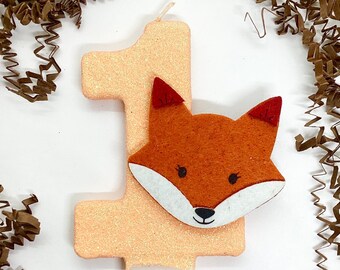 Large Fox Birthday Candle, Woodland Animal Party Decor, Wildlife Party Decor, Sparkly Number Cake Topper, Keepsake Candle, Party Supplies
