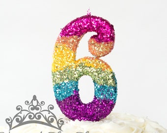 Large Bright Rainbow Birthday Candle, Rainbow Party Decor, Unicorn Party Decor, Sparkly Number Cake Topper, Keepsake Candle, Party Supplies