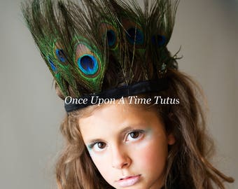 Peacock Feather Crown, Halloween Costume, Wedding Hair Piece, Fascinator, Photo Prop, Little Girl Halo, Adult Hair Clip, Baby Girl Bow