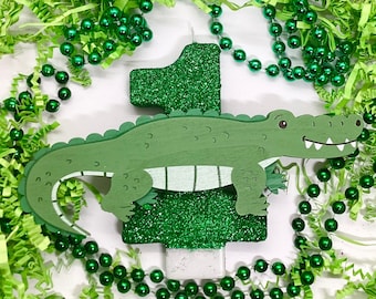 Krokodil verjaardagskaars, Alligator Party Decor, grote glitter verjaardagskaars, nummer taart topper, één aandenken kaars, Kids Party Supply