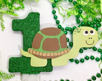 Schildpad verjaardagskaars, groene peuter dierenfeest decor, grote glitter verjaardagskaars, nummer taart topper, aandenken kaars, feestartikelen