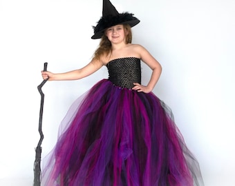 Witch Halloween Costume, Girls Witch Costume, Kids Floor Length Tutu Dress, Long Tulle Gown, Child Black Hot Pink Purple, Childrens Witch