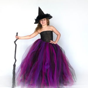 Witch Halloween Costume, Girls Witch Costume, Kids Floor Length Tutu Dress, Long Tulle Gown, Child Black Hot Pink Purple, Childrens Witch
