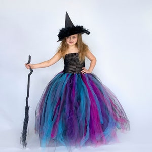Witch Halloween Costume, Girls Witch Costume, Kids Floor Length Tutu Dress, Long Tulle Gown, Child Black Hot Pink Blue, Children Witch Dress