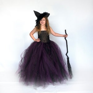 Witch Halloween Costume, Girls Witch Costume, Kids Floor Length Tutu Dress, Long Tulle Gown, Child Black Dark Purple, Childrens Witch Dress