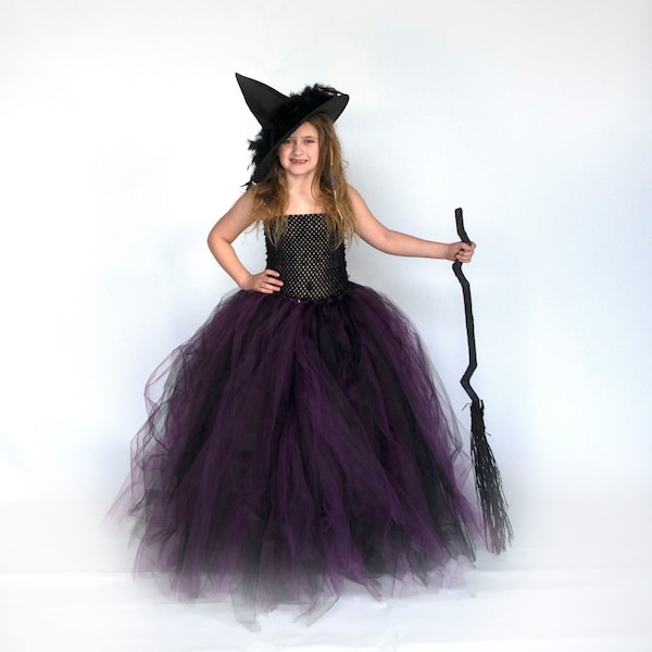 Disfraz de bruja de Halloween, disfraz de bruja para niñas, vestido de tutú largo hasta el suelo para niños, vestido largo de tul, morado oscuro negro para niños, vestido de bruja para niños