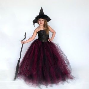 Witch Halloween Costume, Girls Witch Costume, Kids Floor Length Tutu Dress, Long Tulle Gown, Child Black Maroon, Childrens Witch Dress