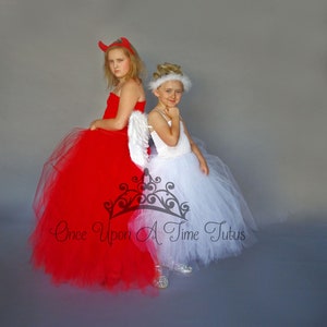 Devil or Angel Costume, Halloween Costume, Child Costume, Twin Girls Tutu Dress, Long Tulle Gown, Kids Twin Costume, Childrens Costume, Tutu