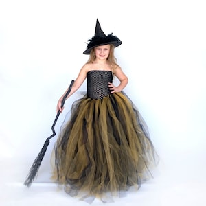 Witch Halloween Costume, Girls Witch Costume, Kids Floor Length Tutu Dress, Long Tulle Gown, Child Black and Gold, Childrens Witch Dress