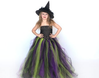 Witch Halloween Costume, Girls Witch Costume, Kids Floor Length Tutu Dress, Long Tulle Gown, Child Black Lime Green Purple, Childrens Dress