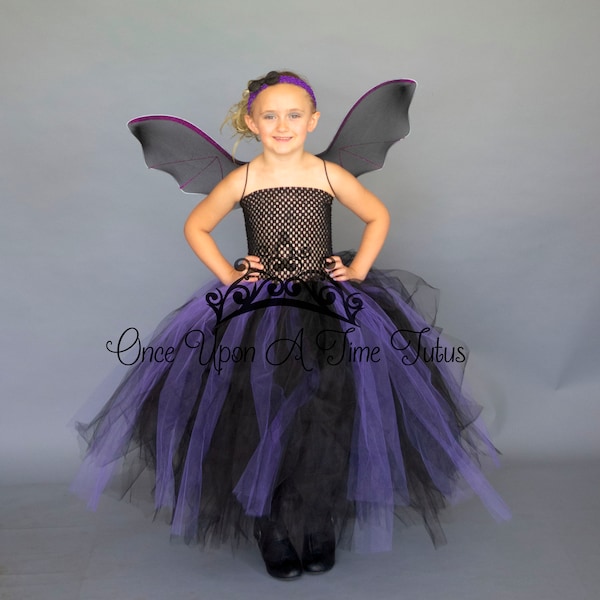 Bat Halloween Costume, Bat Tutu Dress, Girl Witch Dress, Floor Length, Long Tulle Gown, Child Bat Costume, Purple Black Tutu Dress, Wings