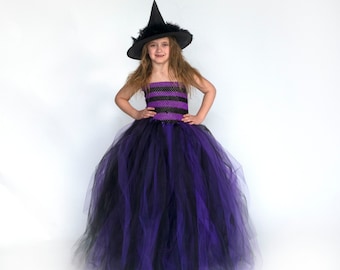 Witch Halloween Costume, Girls Witch Costume, Kids Floor Length Tutu Dress, Long Tulle Gown, Child Black Purple, Childrens Witch Dress