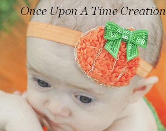 Pumpkin Headband, Orange Green Headband, Girls Hairbows, Baby Headband, Orange Kid Headband, Newborn Costume Hair Bow, Halloween Birthday