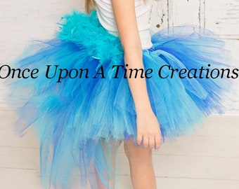 May include: A young person wearing a blue tutu skirt and a matching feather headband. The tutu is layered with shades of blue, and a cluster of feathers accents the back. The text "Once Upon A Time Creations" is visible on the skirt.