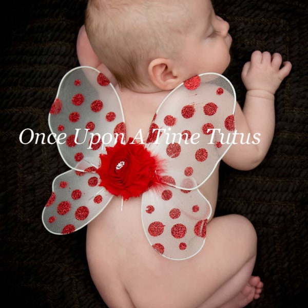 Red Polka Dot Mini Fairy Wings -  Butterfly Costume - Fairy Halloween Costume - Shabby Flower Embellished - Wearable Birthday Party Favor