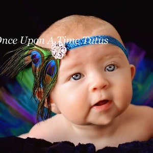 Peacock Feather Headband, Halloween Costume, Wedding Hair Piece, Fascinator, Photo Prop, Little Girl Hairbow, Adult Hair Clip, Baby Girl Bow image 1