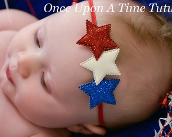 Red White and Blue Glitter Star Headband - Independence Day Photo Prop - Newborn Infant Hairbow - Baby Child Girls Hair Bow - Patriotic Bow