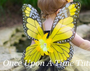 Yellow Monarch Butterfly Wings - Lily Flower Embellished - Butterfly Costume - Fairy Halloween Costume - Kids Wearable Birthday Party Favor