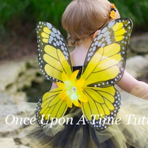 Yellow Monarch Butterfly Wings - Lily Flower Embellished - Butterfly Costume - Fairy Halloween Costume - Kids Wearable Birthday Party Favor