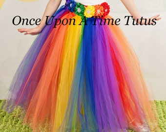 Long Rainbow Tutu Skirt, Little Girls Tulle Skirt, Kids Tutu Skirt, Flower Girl Skirt, Full Length Tulle Skirt, LGBTQ Pride, Circus Clown