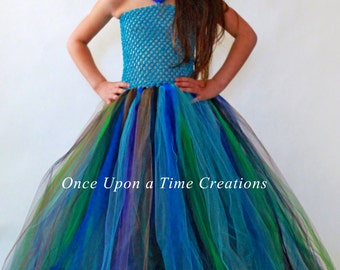 Peacock Tutu Dress, Kids Halloween Costume, Peacock Wedding, Flower Girl Dress, Peacock Costume, Girls Peacock Tutu Dress, Long Tulle Dress