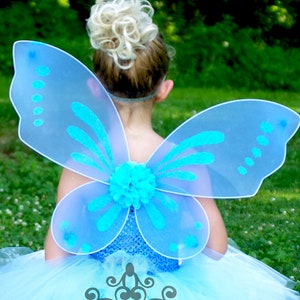 Asas de Pixie Azul Bebê – Borboleta Sparkle Pixie – Fantasia de Fada das Fadas – Asas Vestíveis Tamanho Adolescente para Meninas – Centro de Flor de Chiffon Puff