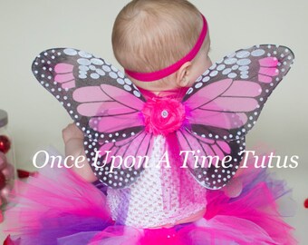 Hot Pink Monarch Butterfly Wings - Baby Butterfly Costume - Fairy Halloween Costume Accessory - Little Girls or Toddler Wearable Wings