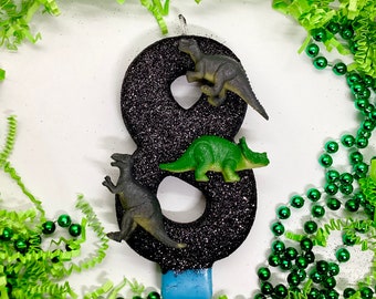 Dinosaur Birthday Candle, Kids Dino Party Decor, Boys Birthday, Sparkly Number Cake Topper, Keepsake Candle, Party Supplies, Large