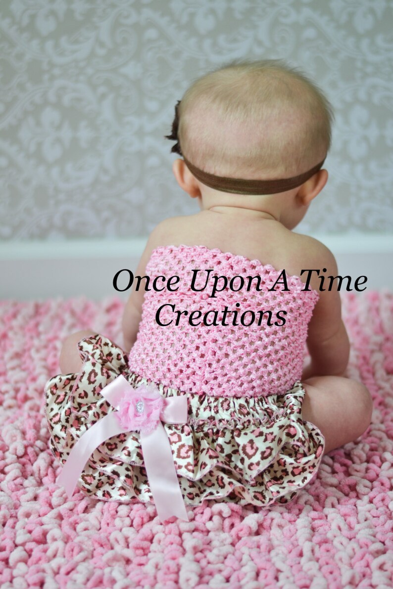 Pink Cheetah Print Satin Ruffle Bloomers Shabby Flower Embellished Baby Girls Size Newborn 3 6 9 12 18 24 Months Photo Prop