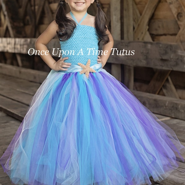 Mermaid Girls Tutu Dress, Mermaid Birthday Outfit, Kids Halloween Costume, Purple Blue, Floor Length, Baby Girl Mermaid Princess, Child Size