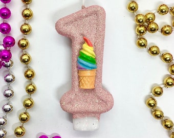 Vela de cumpleaños de helado, decoración de fiesta de golosinas de remolino de arco iris, adorno de pastel de número brillante con brillo para niñas, vela de recuerdo, suministros para fiestas para niños