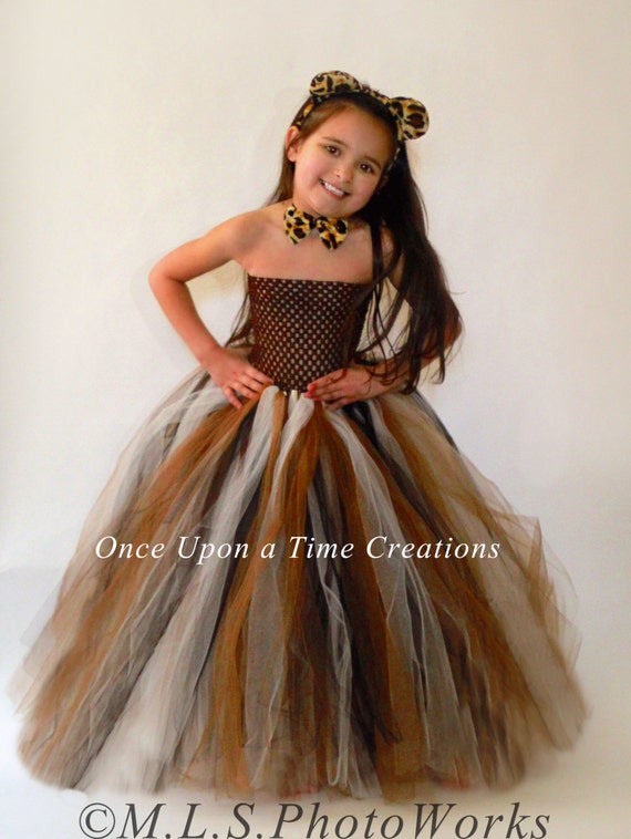 Black Brown Ivory Tutu Dress, Kids Halloween Costume, Girls Autumn Dress, Floor Length, Long Tulle Gown, Cheetah Costume, Leopard, Scarecrow
