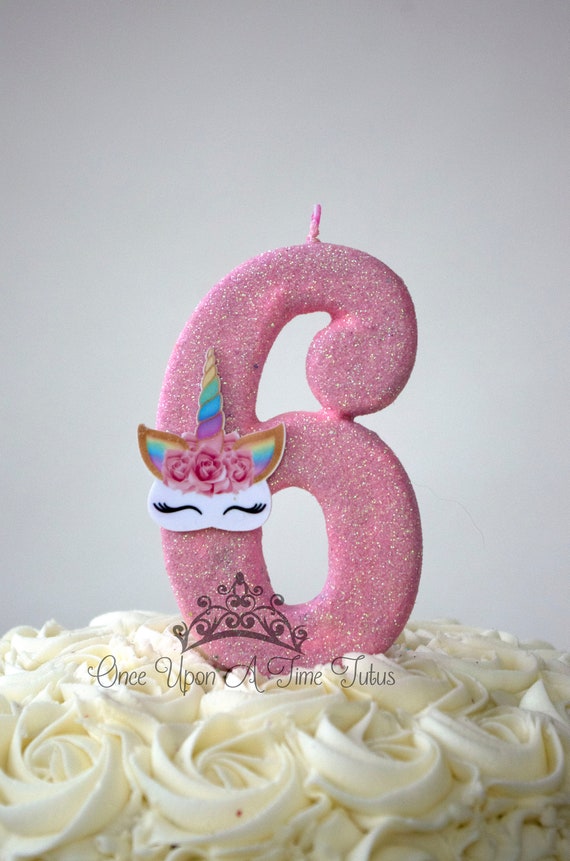 Large Light Pink Glitter Rainbow Unicorn Birthday Candle , 5 Inch Size Birthday Party Supplies Sparkly Sparkle Number Cake Topper Keepsake