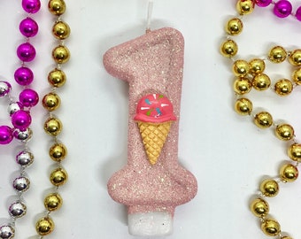 Vela de cumpleaños de cono de helado, decoración de fiesta de verano, adorno de pastel con números brillantes para niños, vela de recuerdo con brillo, suministros para fiestas de dulces para niñas